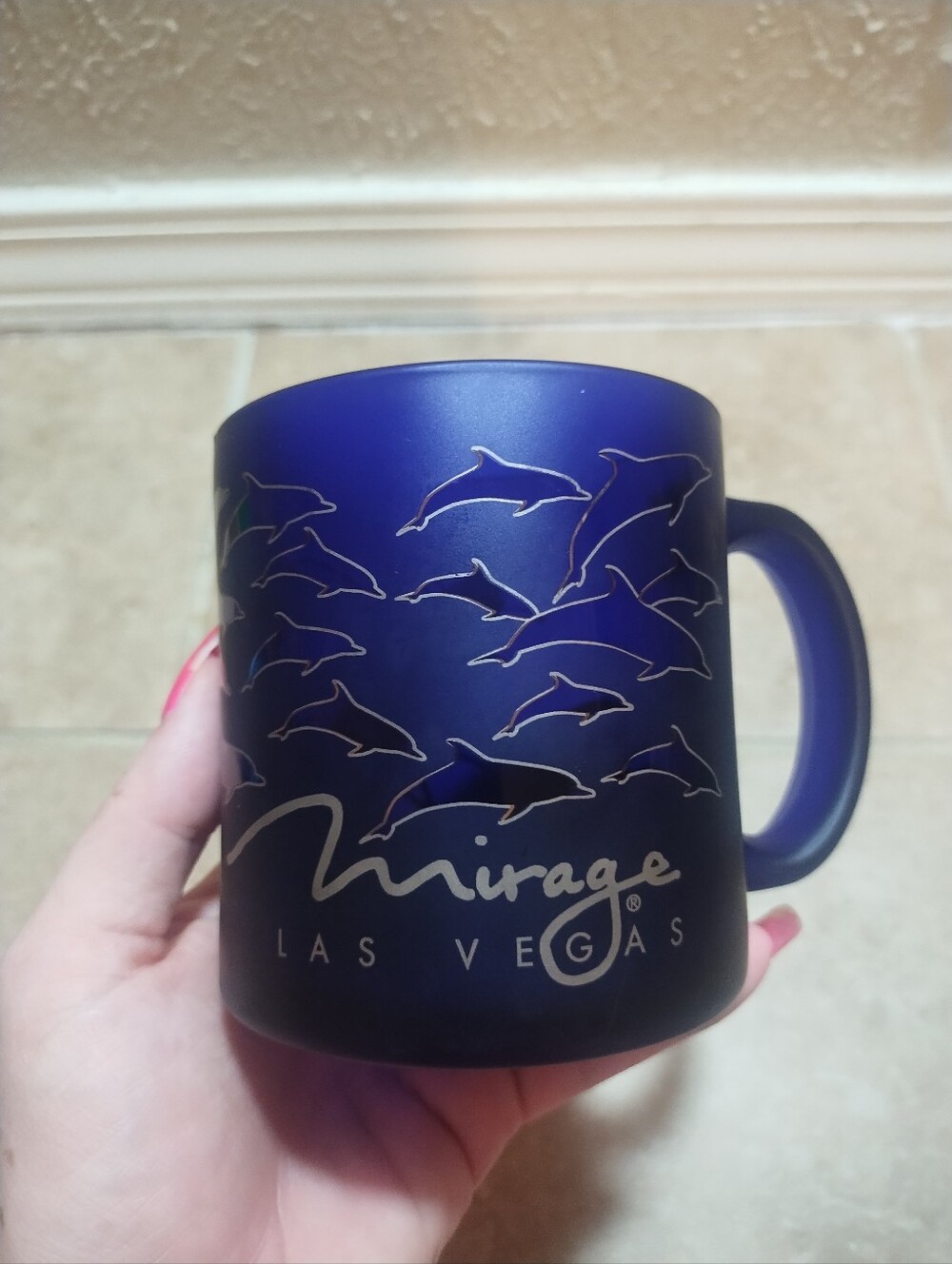 Vintage Las Vegas Mirage Mug Cobalt Blue Glass Frosted Dolphins RARE